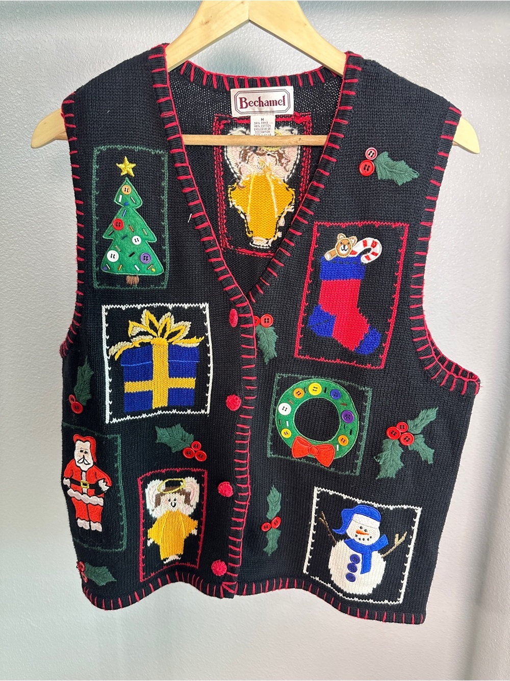 Bechamel Women's Christmas Sweater Vest Santa Snowman Black M Ramie Cotton